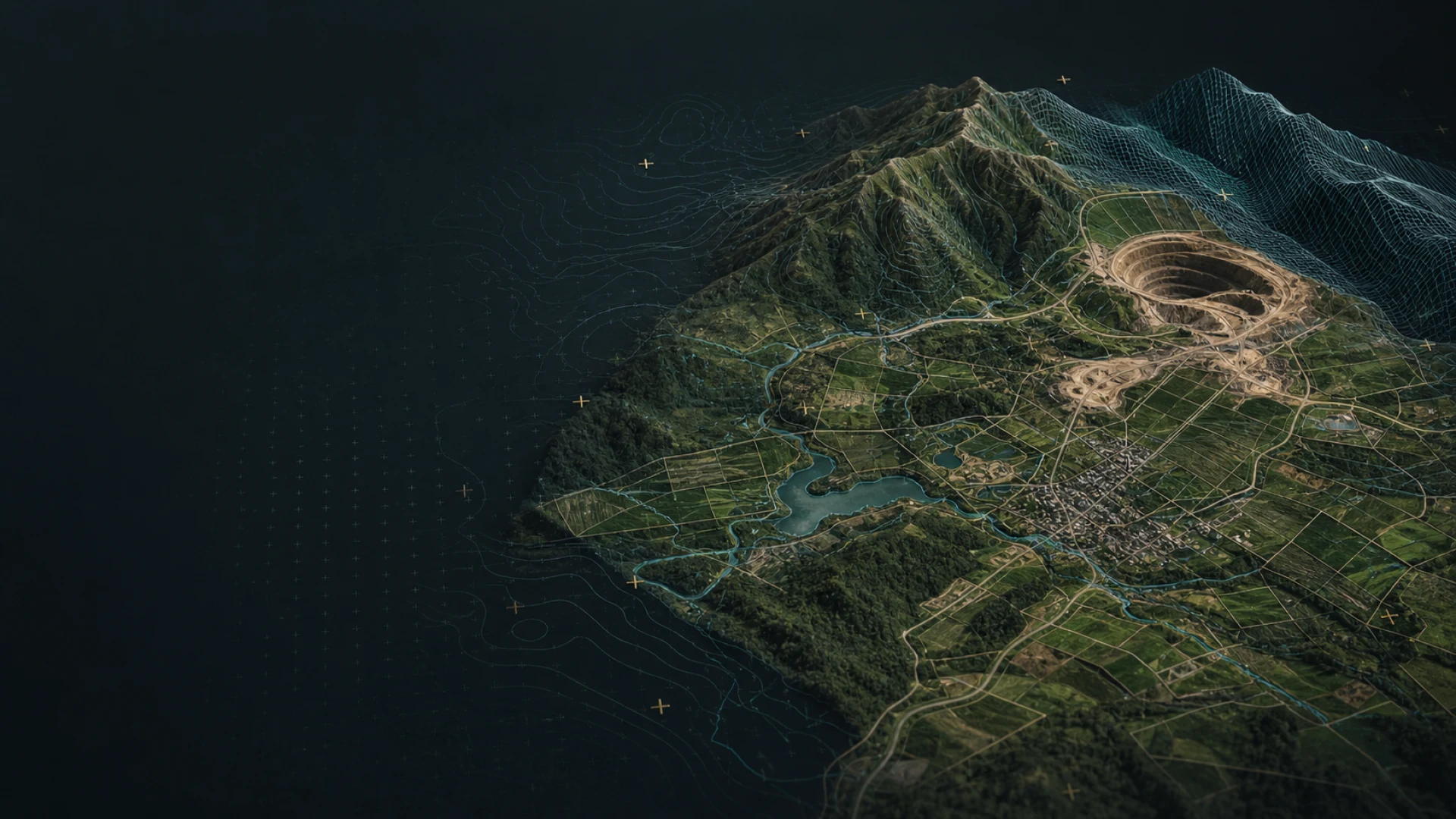 Modelo territorial com camadas cartográficas e relevo 3D