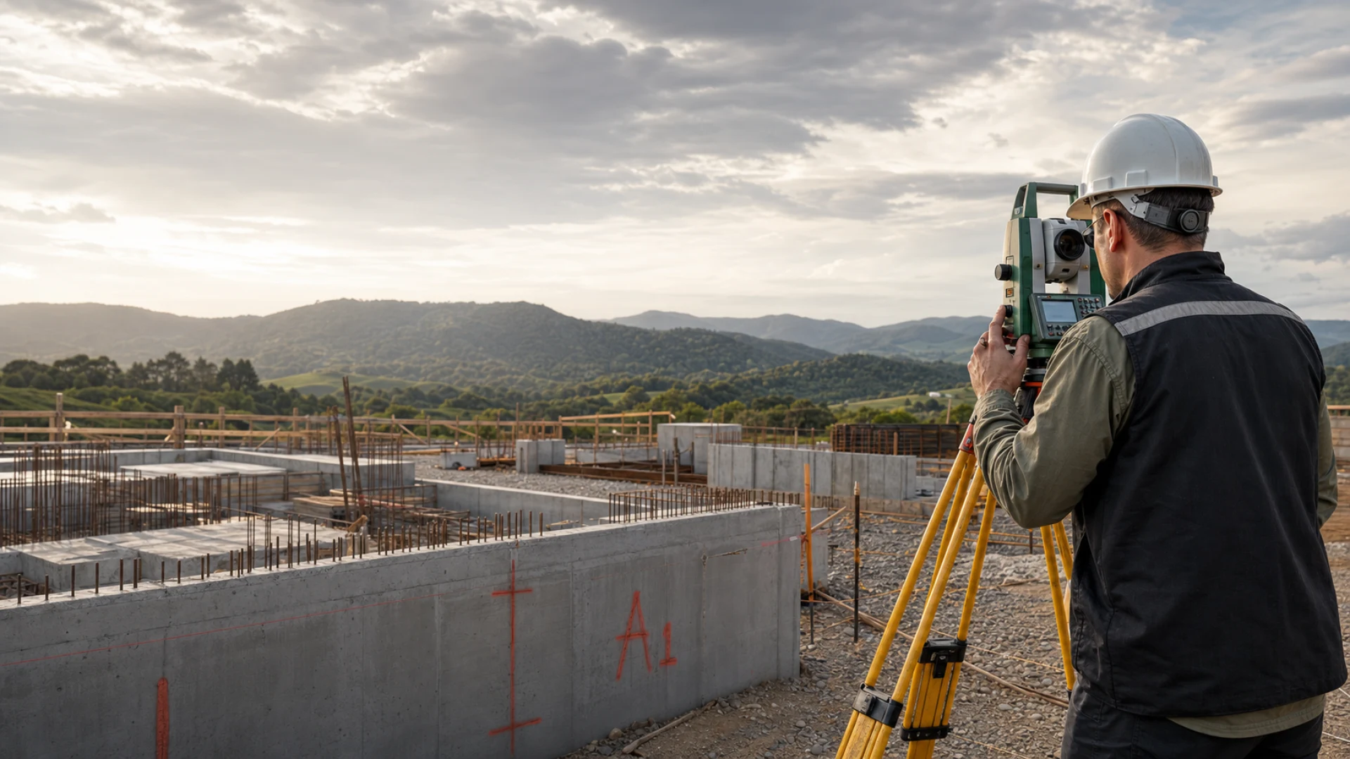 Topógrafo operando estação total em obra civil